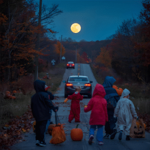Dark street in the Ozarks where child is trick-or-treating near a vehicle