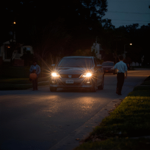 Dark street in the Ozarks where child is trick-or-treating near a vehicle