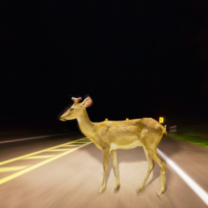 Deer in middle of road at night